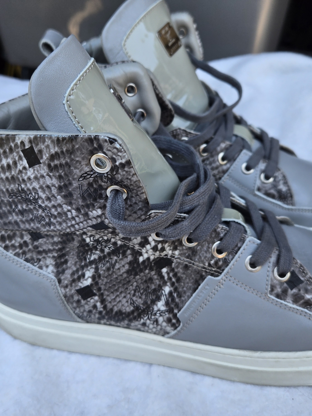 MCM Men's High-Top Sneakers in Gray with Snake-Print Panels